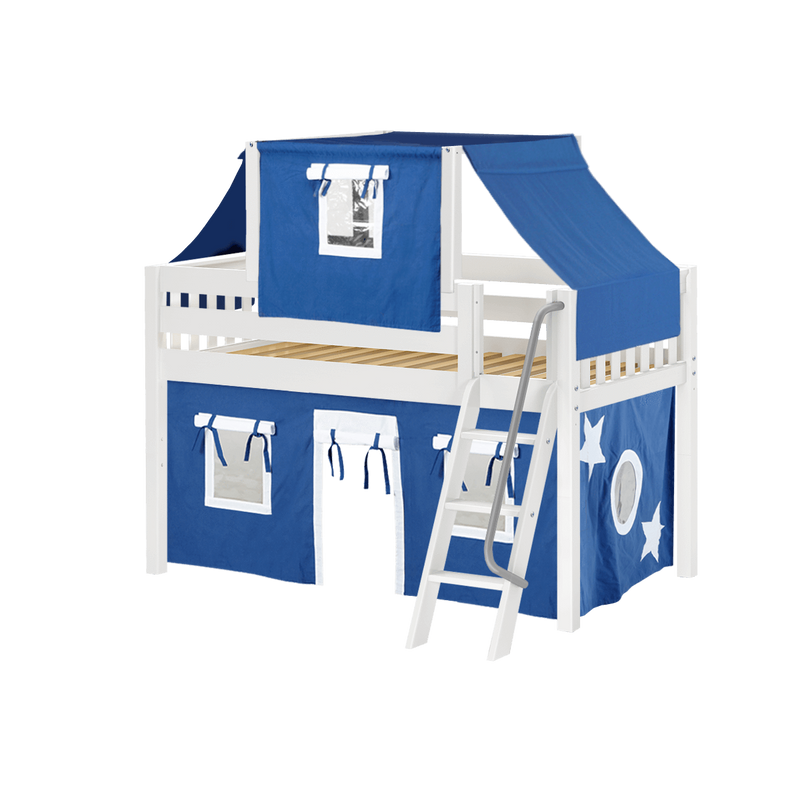 Maxtrix Twin Low Loft Bed with Angled Ladder, Curtain + Top Tent