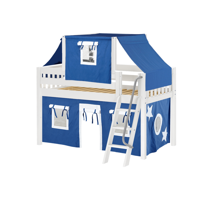 Maxtrix Twin Low Loft Bed with Angled Ladder, Curtain + Top Tent