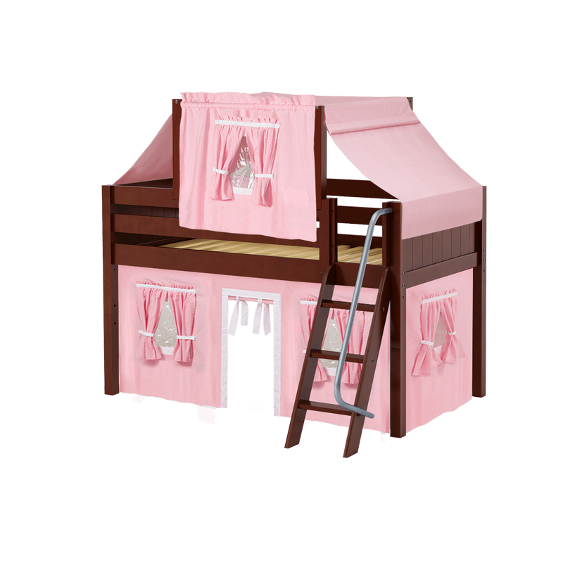 Maxtrix Twin Low Loft Bed with Angled Ladder, Curtain + Top Tent