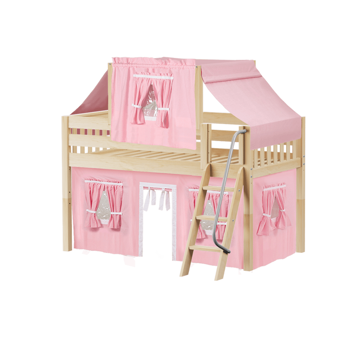 Maxtrix Twin Low Loft Bed with Angled Ladder, Curtain + Top Tent