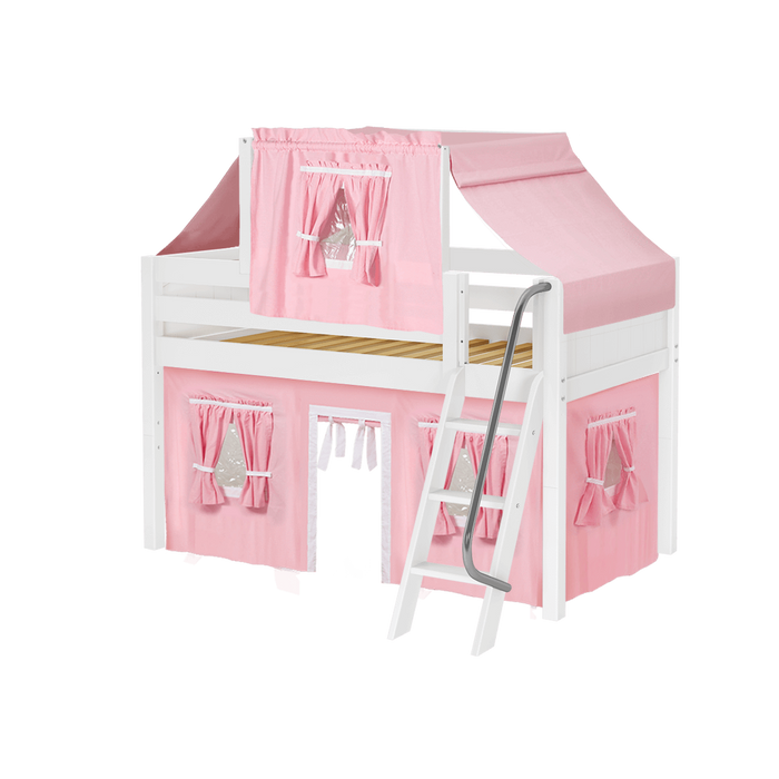 Maxtrix Twin Low Loft Bed with Angled Ladder, Curtain + Top Tent