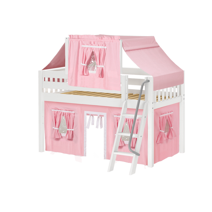 Maxtrix Twin Low Loft Bed with Angled Ladder, Curtain + Top Tent