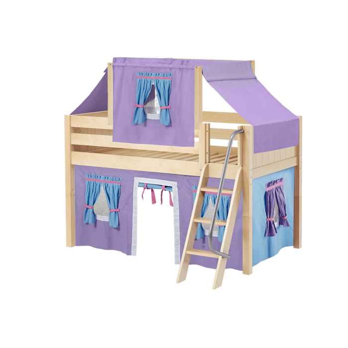 Maxtrix Twin Low Loft Bed with Angled Ladder, Curtain + Top Tent