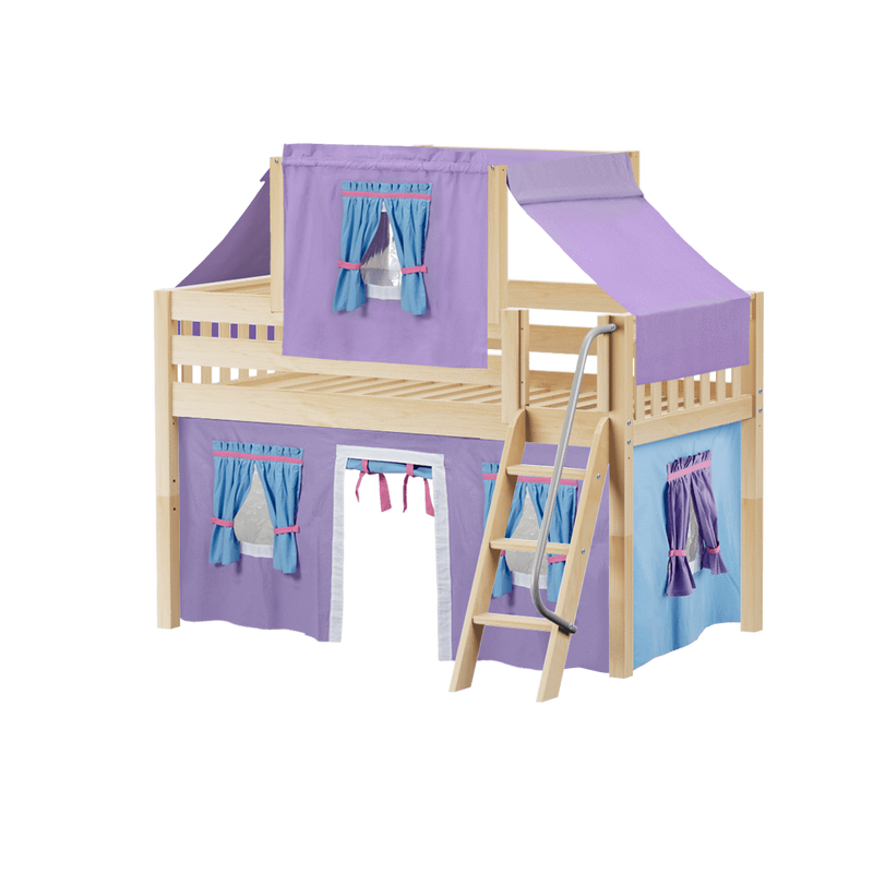 Maxtrix Twin Low Loft Bed with Angled Ladder, Curtain + Top Tent