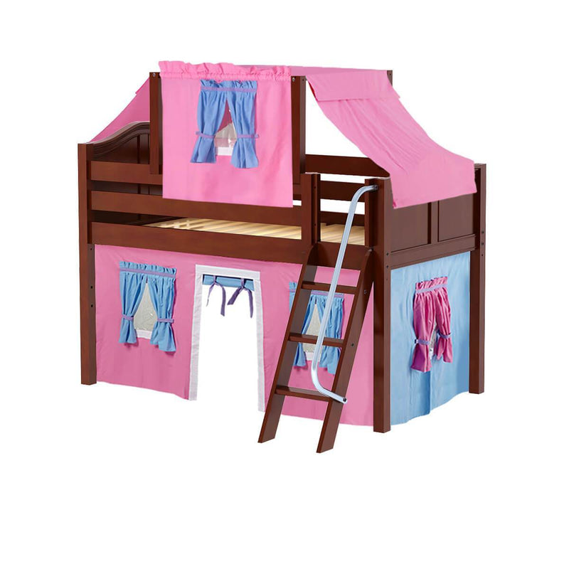 Maxtrix Twin Low Loft Bed with Angled Ladder, Curtain + Top Tent