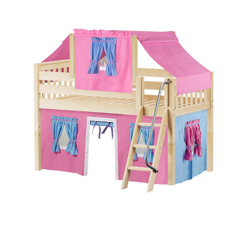 Maxtrix Twin Low Loft Bed with Angled Ladder, Curtain + Top Tent