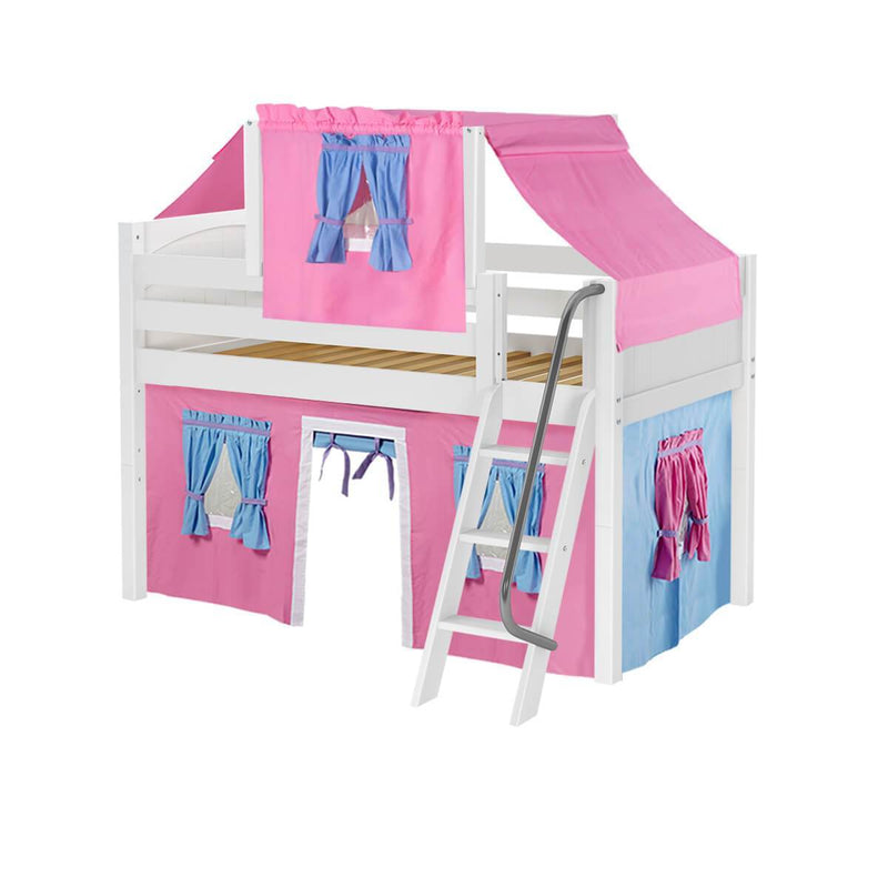 Maxtrix Twin Low Loft Bed with Angled Ladder, Curtain + Top Tent