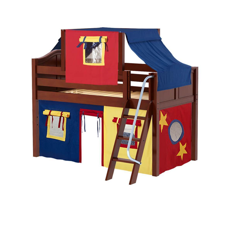 Maxtrix Twin Low Loft Bed with Angled Ladder, Curtain + Top Tent