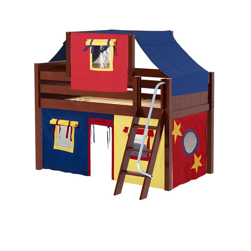 Maxtrix Twin Low Loft Bed with Angled Ladder, Curtain + Top Tent