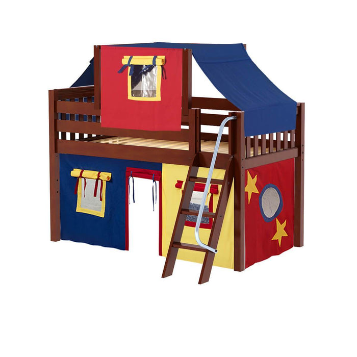Maxtrix Twin Low Loft Bed with Angled Ladder, Curtain + Top Tent