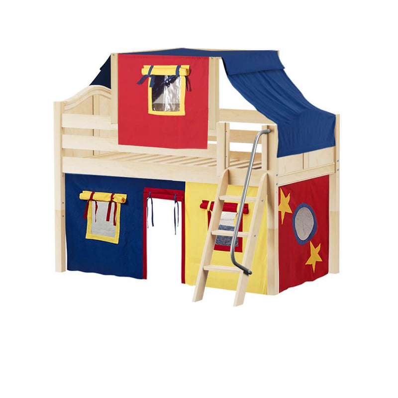 Maxtrix Twin Low Loft Bed with Angled Ladder, Curtain + Top Tent