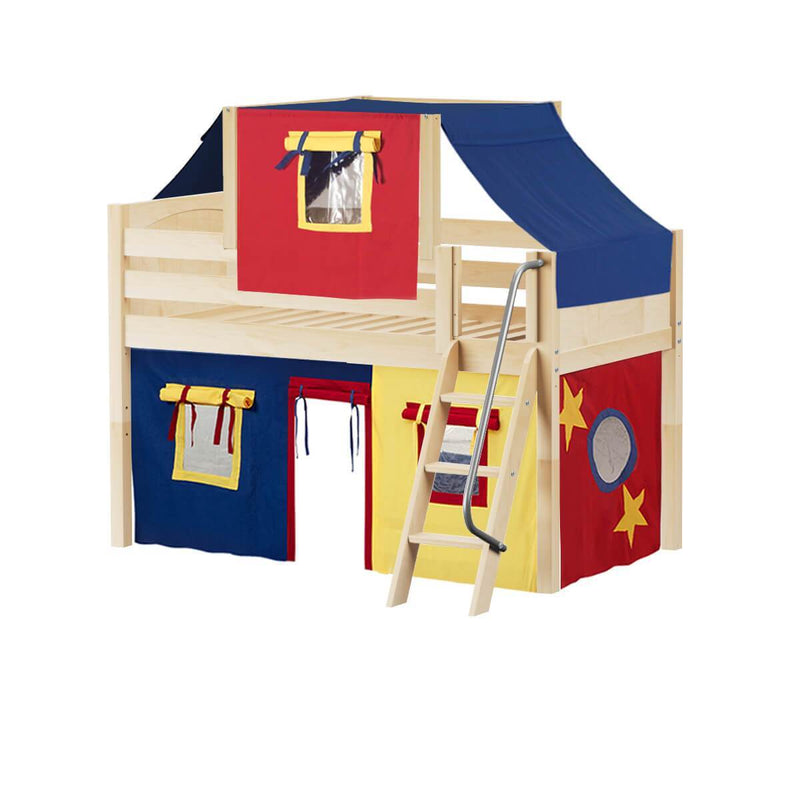 Maxtrix Twin Low Loft Bed with Angled Ladder, Curtain + Top Tent