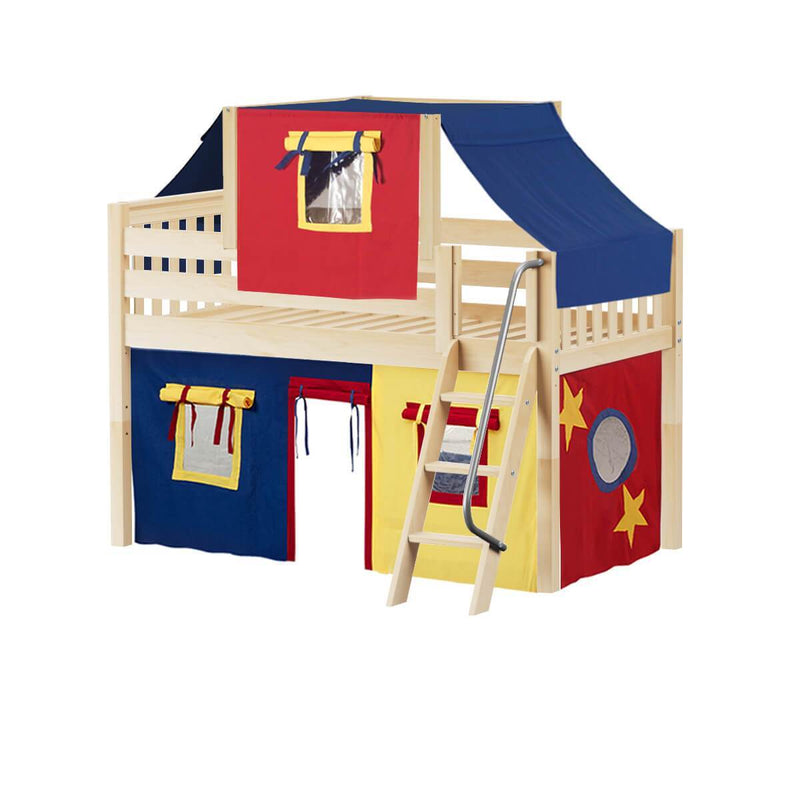 Maxtrix Twin Low Loft Bed with Angled Ladder, Curtain + Top Tent