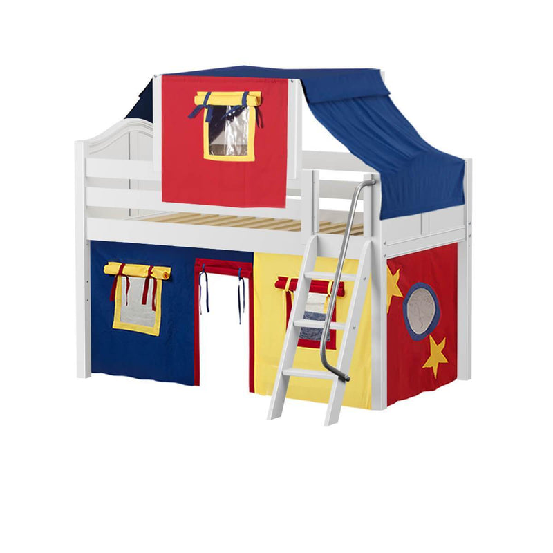 Maxtrix Twin Low Loft Bed with Angled Ladder, Curtain + Top Tent