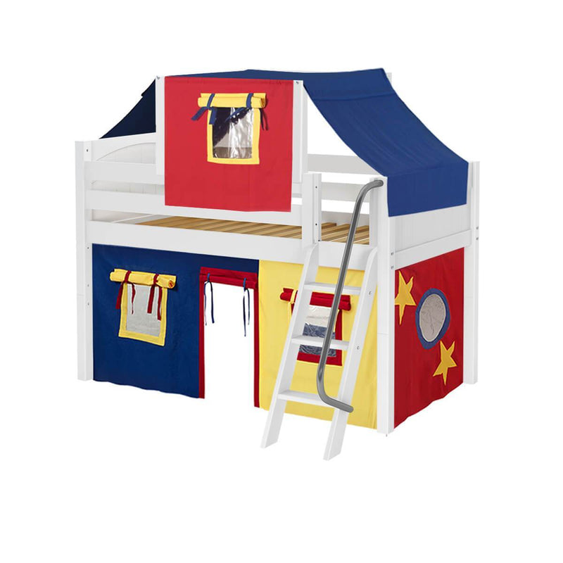 Maxtrix Twin Low Loft Bed with Angled Ladder, Curtain + Top Tent