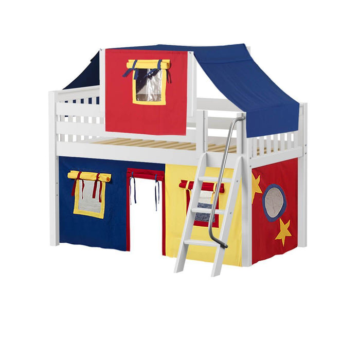 Maxtrix Twin Low Loft Bed with Angled Ladder, Curtain + Top Tent