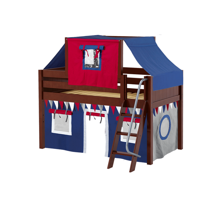 Maxtrix Twin Low Loft Bed with Angled Ladder, Curtain + Top Tent
