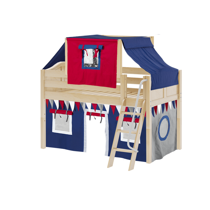 Maxtrix Twin Low Loft Bed with Angled Ladder, Curtain + Top Tent