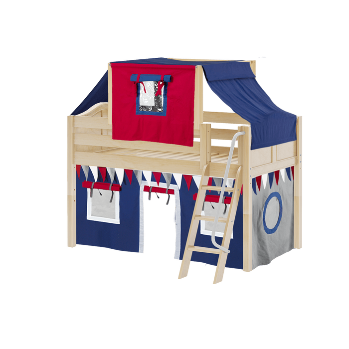 Maxtrix Twin Low Loft Bed with Angled Ladder, Curtain + Top Tent