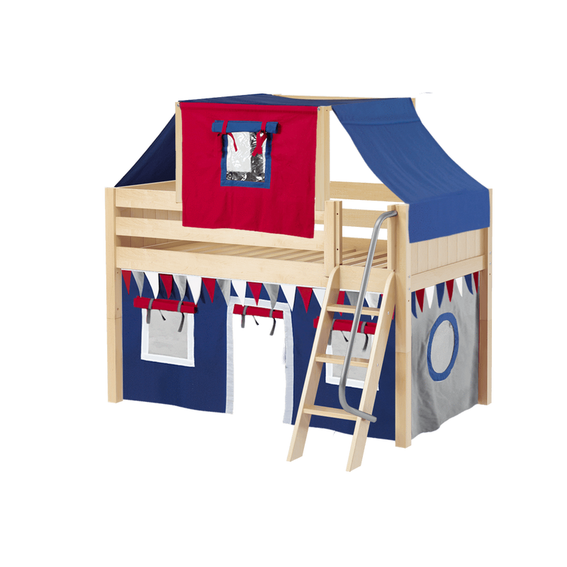 Maxtrix Twin Low Loft Bed with Angled Ladder, Curtain + Top Tent
