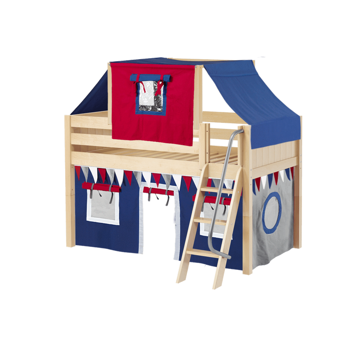 Maxtrix Twin Low Loft Bed with Angled Ladder, Curtain + Top Tent