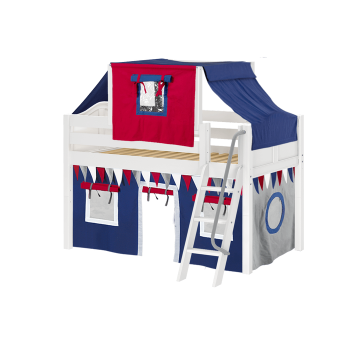 Maxtrix Twin Low Loft Bed with Angled Ladder, Curtain + Top Tent