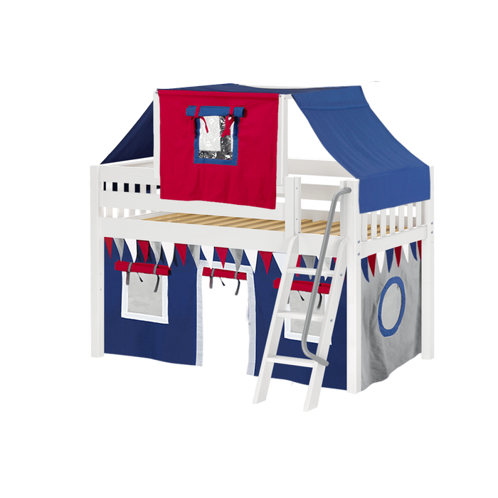 Maxtrix Twin Low Loft Bed with Angled Ladder, Curtain + Top Tent