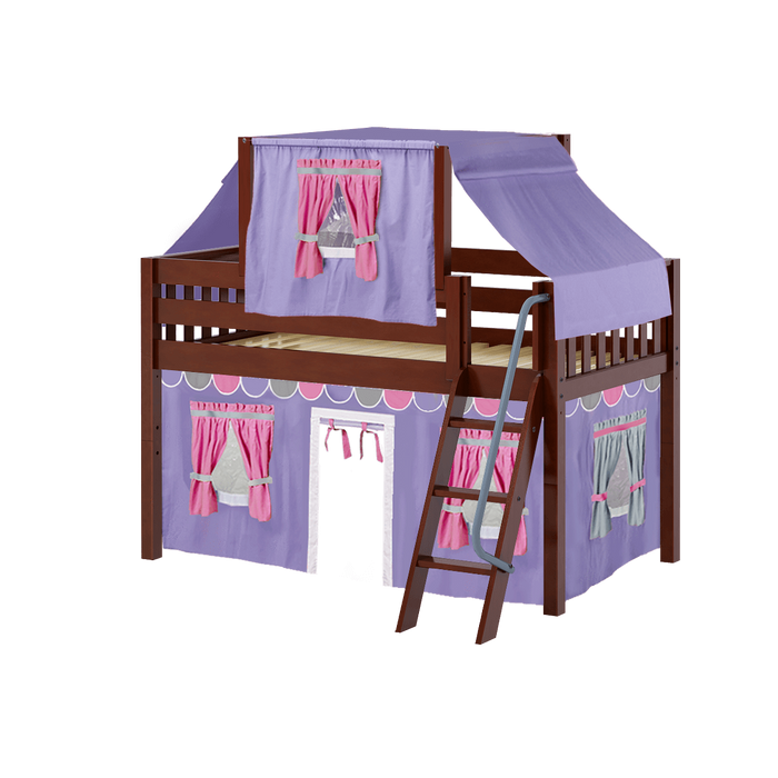 Maxtrix Twin Low Loft Bed with Angled Ladder, Curtain + Top Tent