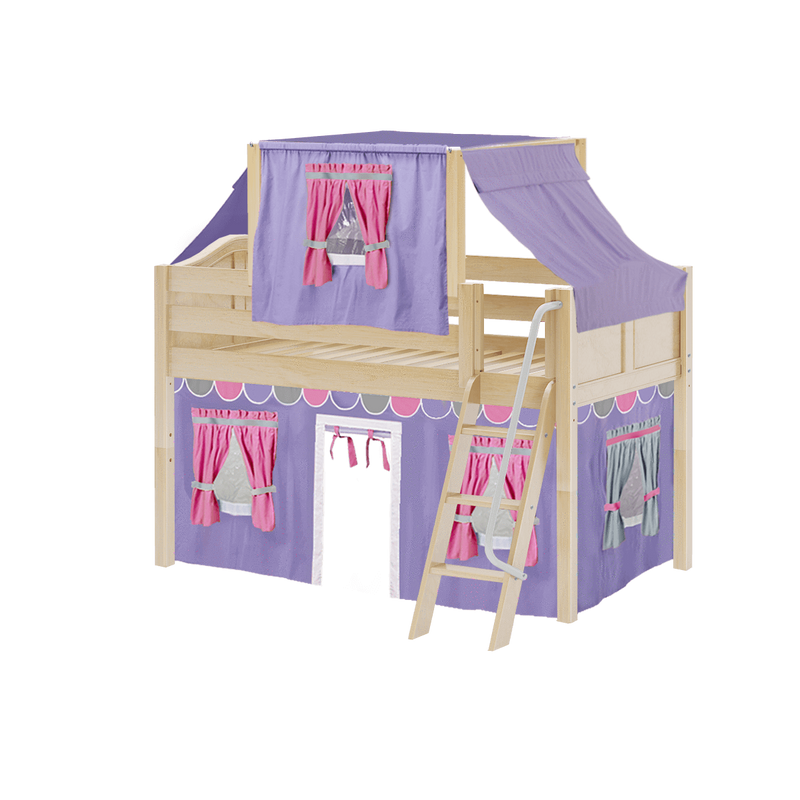 Maxtrix Twin Low Loft Bed with Angled Ladder, Curtain + Top Tent