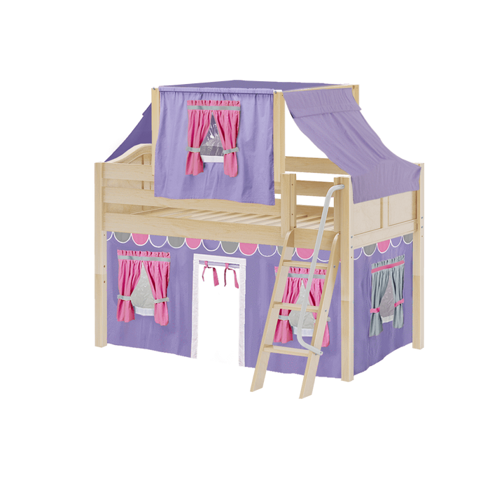 Maxtrix Twin Low Loft Bed with Angled Ladder, Curtain + Top Tent