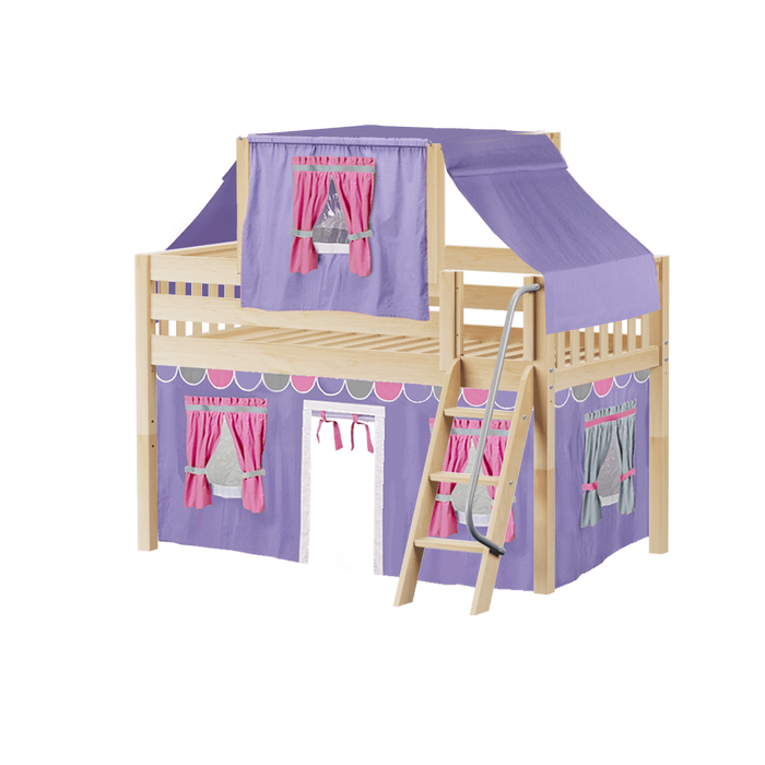Maxtrix Twin Low Loft Bed with Angled Ladder, Curtain + Top Tent