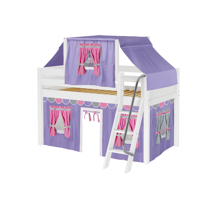 Maxtrix Twin Low Loft Bed with Angled Ladder, Curtain + Top Tent