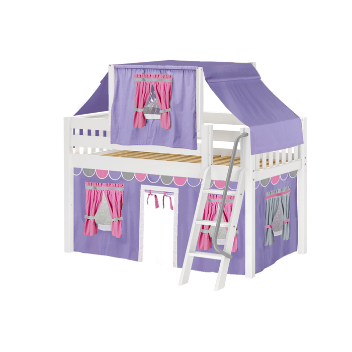 Maxtrix Twin Low Loft Bed with Angled Ladder, Curtain + Top Tent