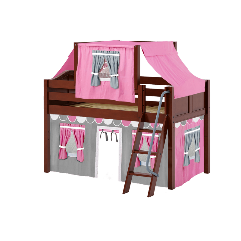 Maxtrix Twin Low Loft Bed with Angled Ladder, Curtain + Top Tent