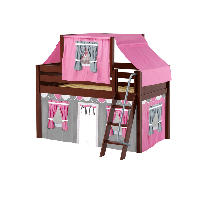 Maxtrix Twin Low Loft Bed with Angled Ladder, Curtain + Top Tent