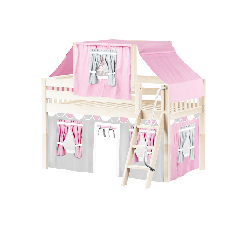 Maxtrix Twin Low Loft Bed with Angled Ladder, Curtain + Top Tent