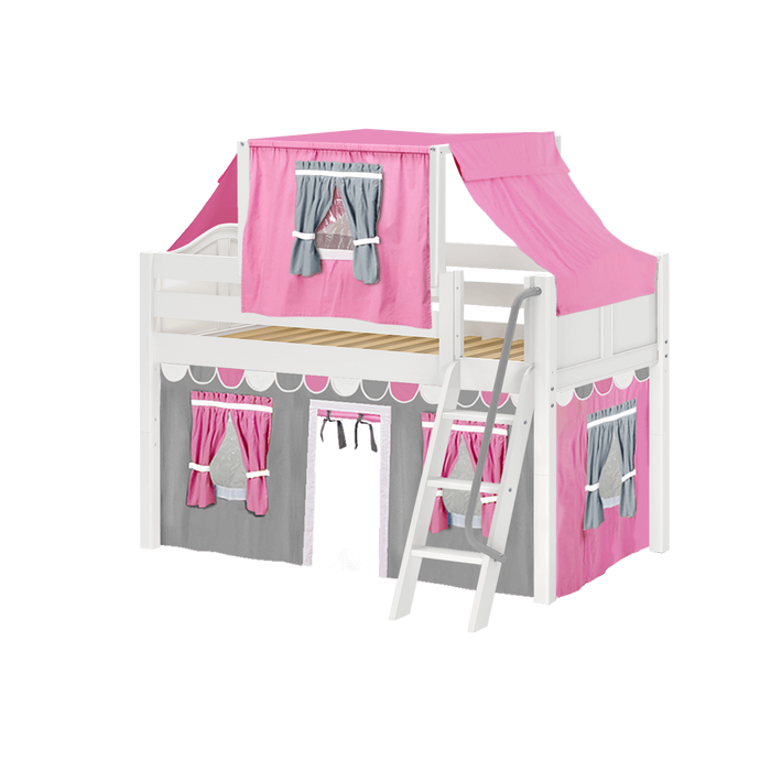 Maxtrix Twin Low Loft Bed with Angled Ladder, Curtain + Top Tent