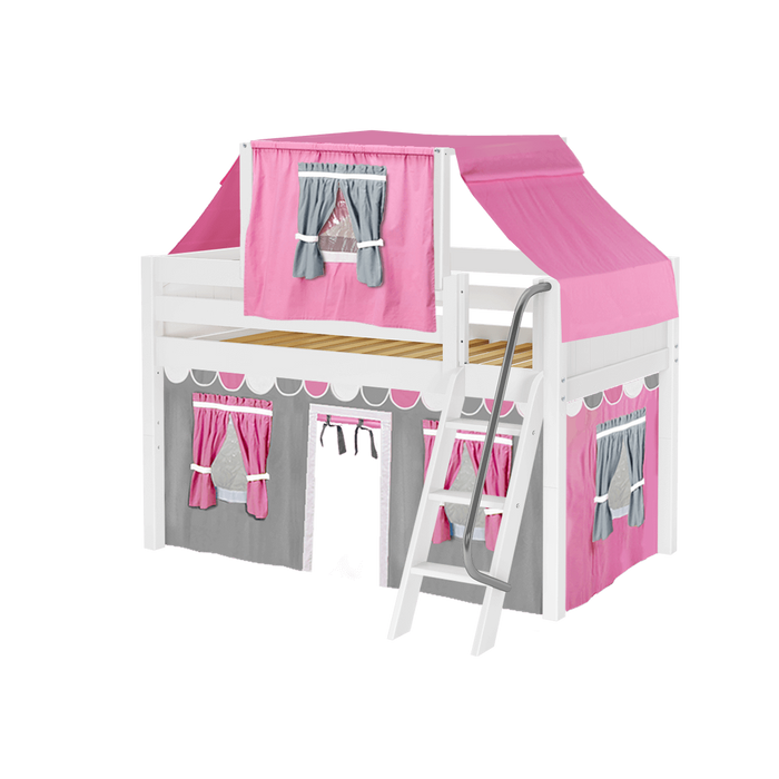 Maxtrix Twin Low Loft Bed with Angled Ladder, Curtain + Top Tent