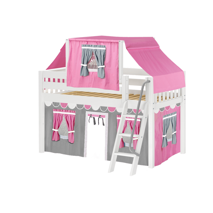 Maxtrix Twin Low Loft Bed with Angled Ladder, Curtain + Top Tent