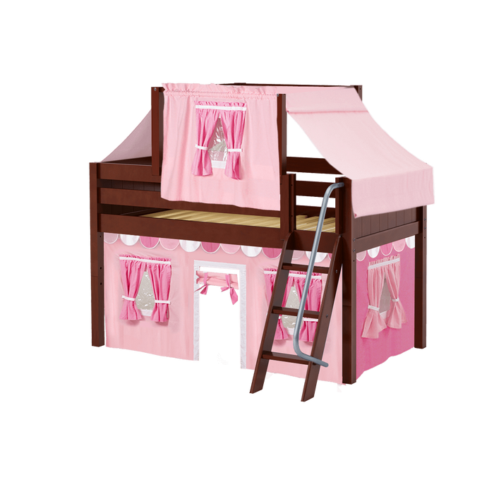 Maxtrix Twin Low Loft Bed with Angled Ladder, Curtain + Top Tent