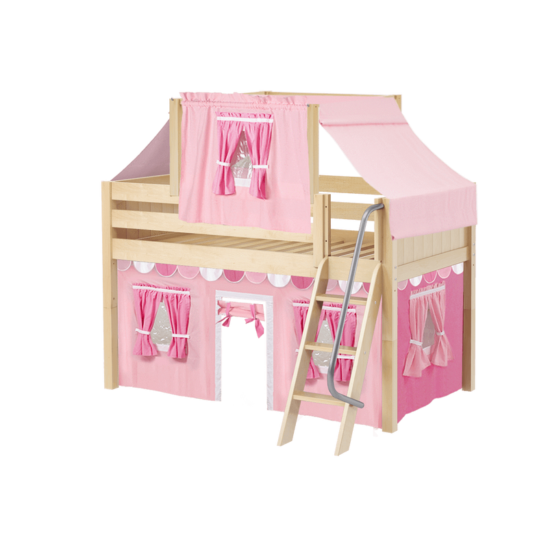 Maxtrix Twin Low Loft Bed with Angled Ladder, Curtain + Top Tent