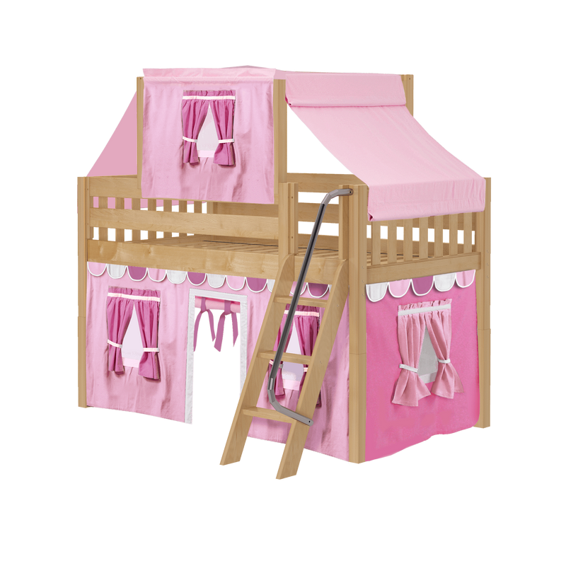 Maxtrix Twin Low Loft Bed with Angled Ladder, Curtain + Top Tent