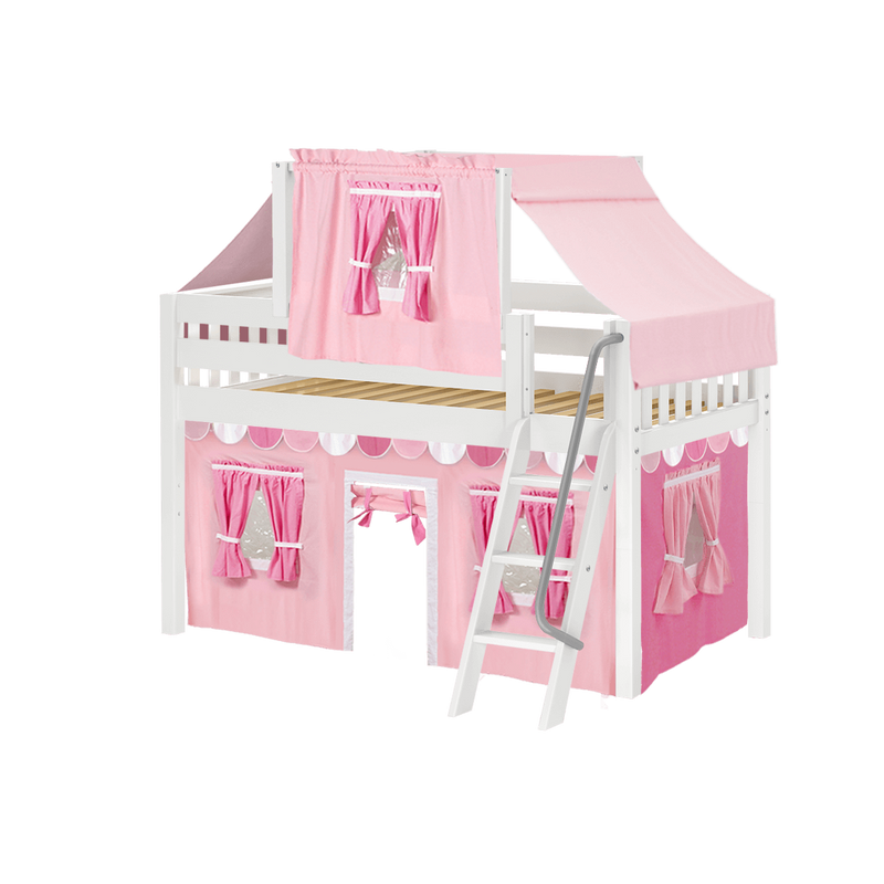 Maxtrix Twin Low Loft Bed with Angled Ladder, Curtain + Top Tent