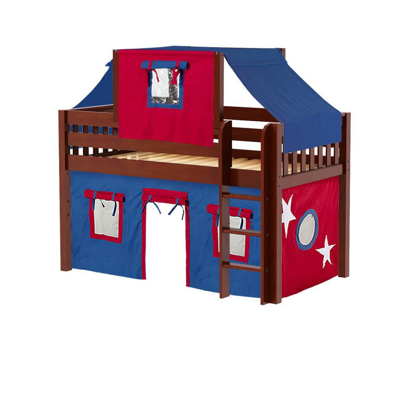 Maxtrix Twin Low Loft Bed with Straight Ladder, Curtain + Top Tent