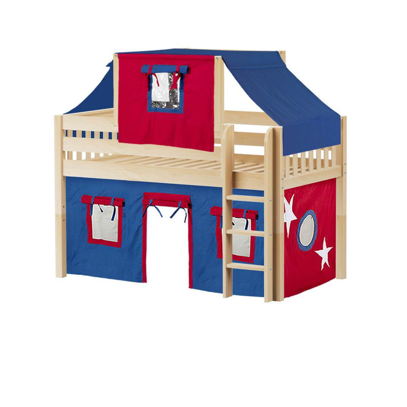 Maxtrix Twin Low Loft Bed with Straight Ladder, Curtain + Top Tent