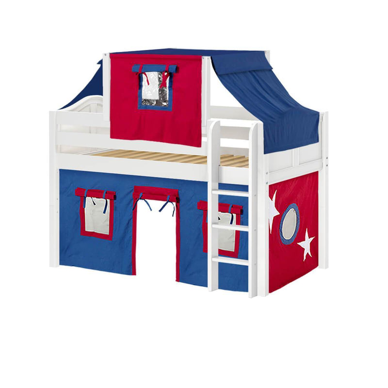 Maxtrix Twin Low Loft Bed with Straight Ladder, Curtain + Top Tent