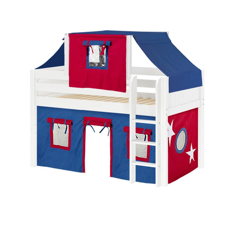 Maxtrix Twin Low Loft Bed with Straight Ladder, Curtain + Top Tent