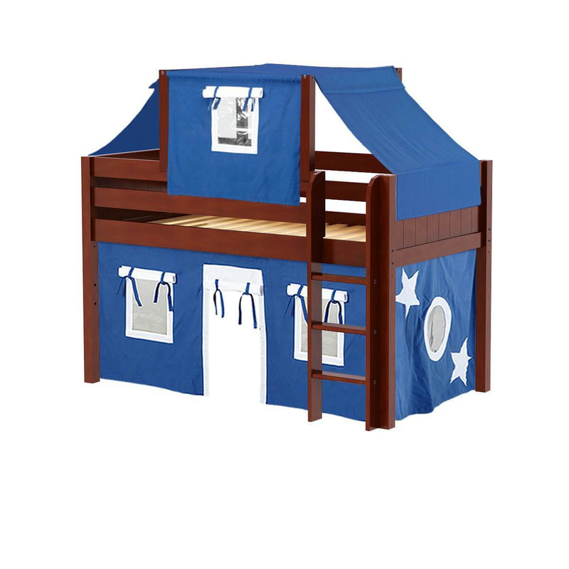 Maxtrix Twin Low Loft Bed with Straight Ladder, Curtain + Top Tent