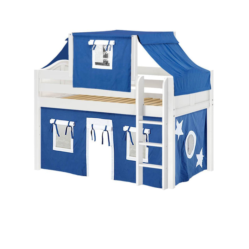 Maxtrix Twin Low Loft Bed with Straight Ladder, Curtain + Top Tent