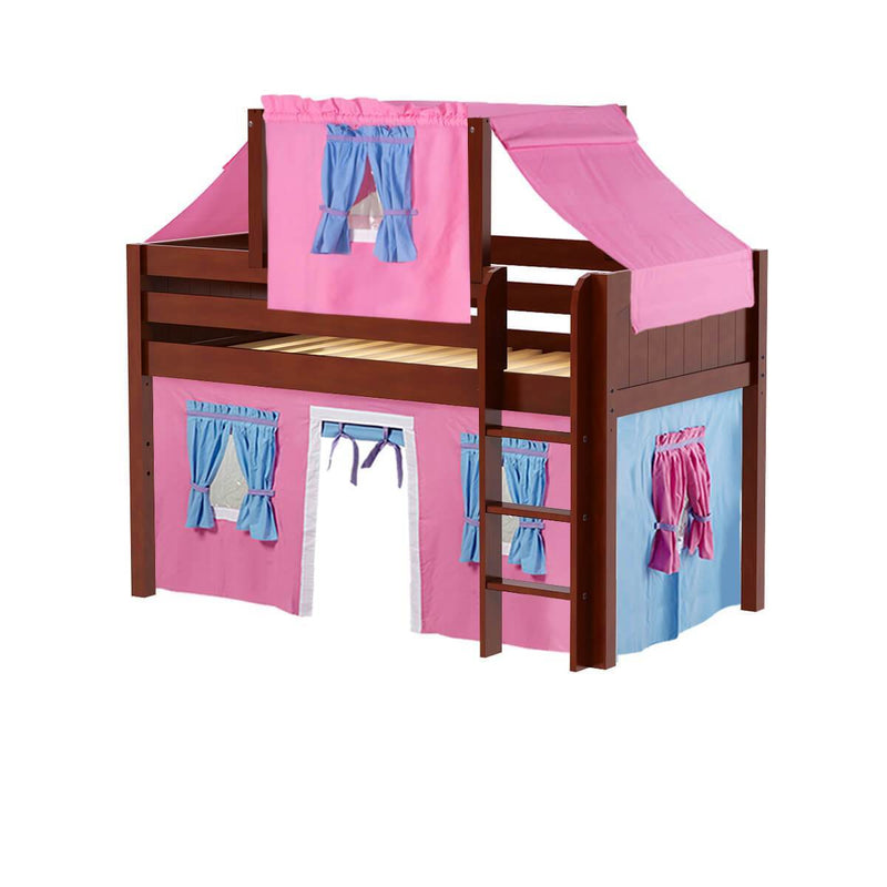 Maxtrix Twin Low Loft Bed with Straight Ladder, Curtain + Top Tent